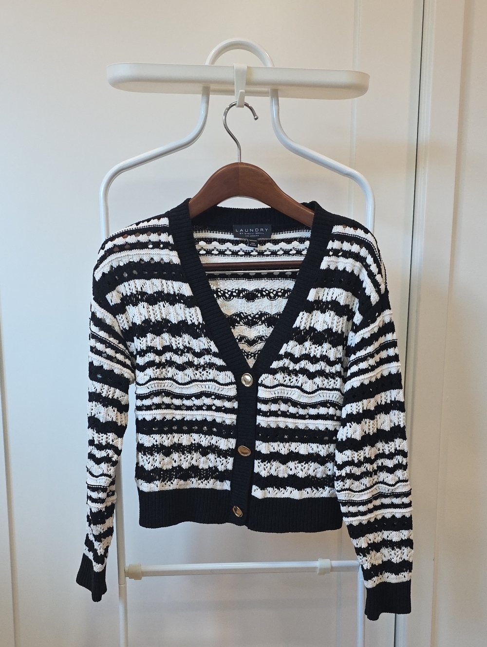 Laundry By Shelli Segal Black & White Striped Open-Knit Cardigan